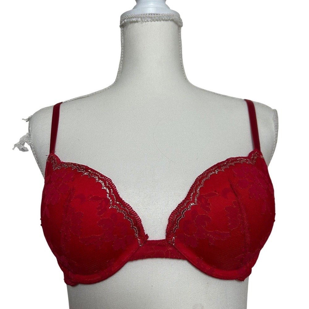 Victoria's Secret Dream Angels Push Up Bra‎ Red Lace Trim Sparkle 32C